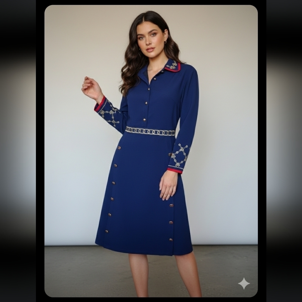 FX. & MONGYl Elegant Navy Blue Dress with Embroidered Details Size 3XL
